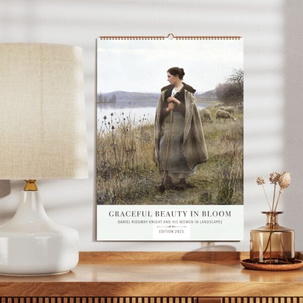 Daniel Ridgway Knight wall calendar featuring timeless landscape art and romanticized rural life. This fine art calendar showcases pastoral art and rural French paintings, bringing countryside wall art and countryside decor into your home. The American artist calendar highlights serene countryside scenes, making it an elegant addition for lovers of rural life decor.