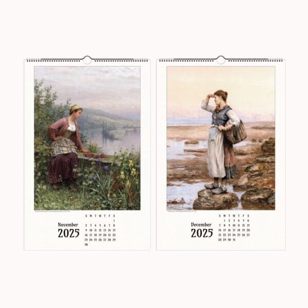 Daniel Ridgway Knight wall calendar featuring timeless landscape art and romanticized rural life. This fine art calendar showcases pastoral art and rural French paintings, bringing countryside wall art and countryside decor into your home. The American artist calendar highlights serene countryside scenes, making it an elegant addition for lovers of rural life decor.