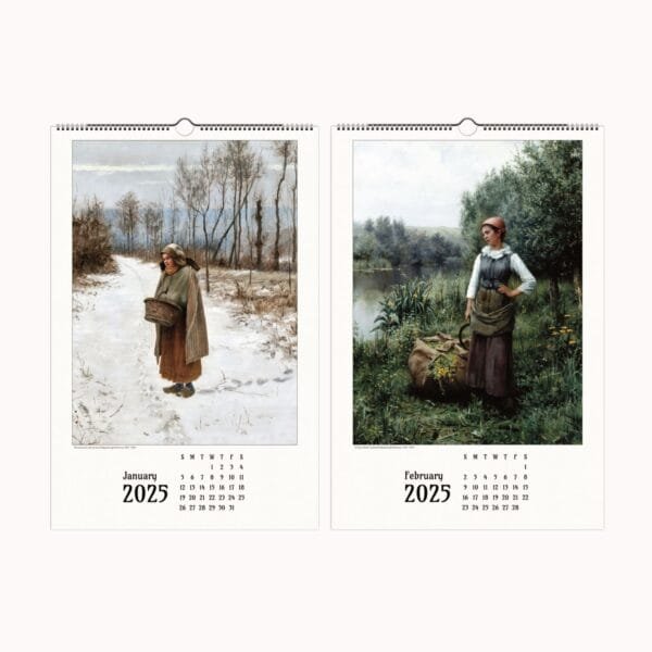 Daniel Ridgway Knight wall calendar featuring timeless landscape art and romanticized rural life. This fine art calendar showcases pastoral art and rural French paintings, bringing countryside wall art and countryside decor into your home. The American artist calendar highlights serene countryside scenes, making it an elegant addition for lovers of rural life decor.