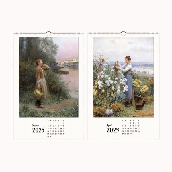 Daniel Ridgway Knight wall calendar featuring timeless landscape art and romanticized rural life. This fine art calendar showcases pastoral art and rural French paintings, bringing countryside wall art and countryside decor into your home. The American artist calendar highlights serene countryside scenes, making it an elegant addition for lovers of rural life decor.