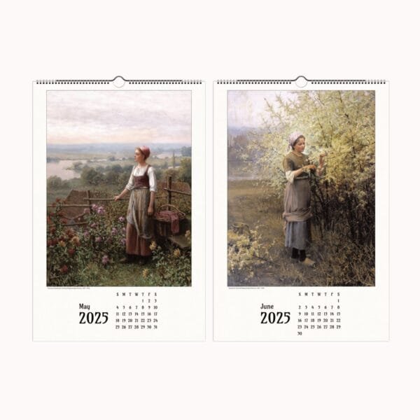 Daniel Ridgway Knight wall calendar featuring timeless landscape art and romanticized rural life. This fine art calendar showcases pastoral art and rural French paintings, bringing countryside wall art and countryside decor into your home. The American artist calendar highlights serene countryside scenes, making it an elegant addition for lovers of rural life decor.