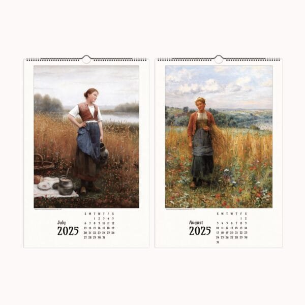 Daniel Ridgway Knight wall calendar featuring timeless landscape art and romanticized rural life. This fine art calendar showcases pastoral art and rural French paintings, bringing countryside wall art and countryside decor into your home. The American artist calendar highlights serene countryside scenes, making it an elegant addition for lovers of rural life decor.