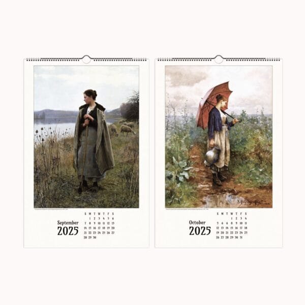 Daniel Ridgway Knight wall calendar featuring timeless landscape art and romanticized rural life. This fine art calendar showcases pastoral art and rural French paintings, bringing countryside wall art and countryside decor into your home. The American artist calendar highlights serene countryside scenes, making it an elegant addition for lovers of rural life decor.