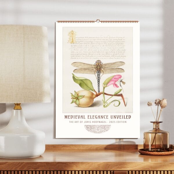 Mira Calligraphiae Monumenta wall calendar featuring Renaissance calligraphy, botanical illustrations, and natural history artwork by Joris Hoefnagel and Georg Bocskay.