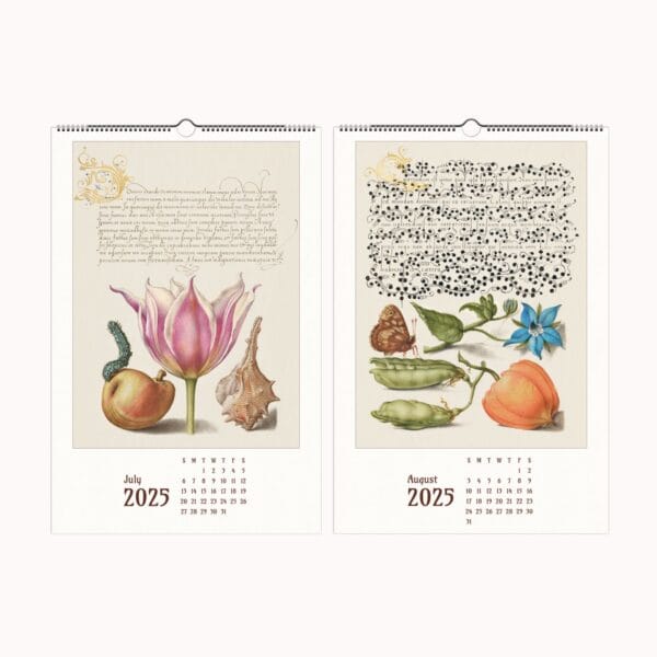 Mira Calligraphiae Monumenta wall calendar featuring Renaissance calligraphy, botanical illustrations, and natural history artwork by Joris Hoefnagel and Georg Bocskay.