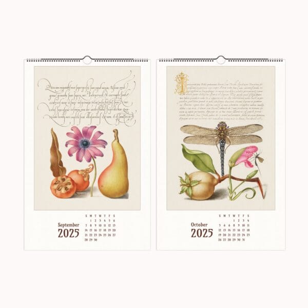 Mira Calligraphiae Monumenta wall calendar featuring Renaissance calligraphy, botanical illustrations, and natural history artwork by Joris Hoefnagel and Georg Bocskay.