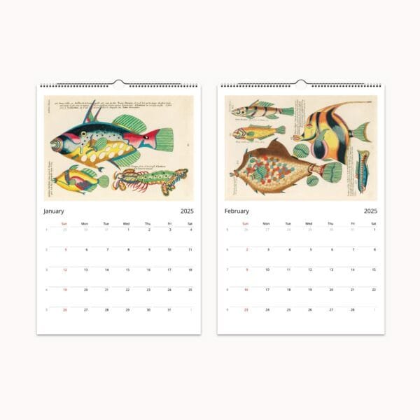 Louis Renard Wall Calendar featuring vintage marine art, historic fish illustrations, and colorful sea life engravings from the 18th century. Includes meticulously restored prints of tropical fish, crustaceans, and ocean creatures, making it a unique calendar and collectible art piece for marine biology enthusiasts and art lovers.