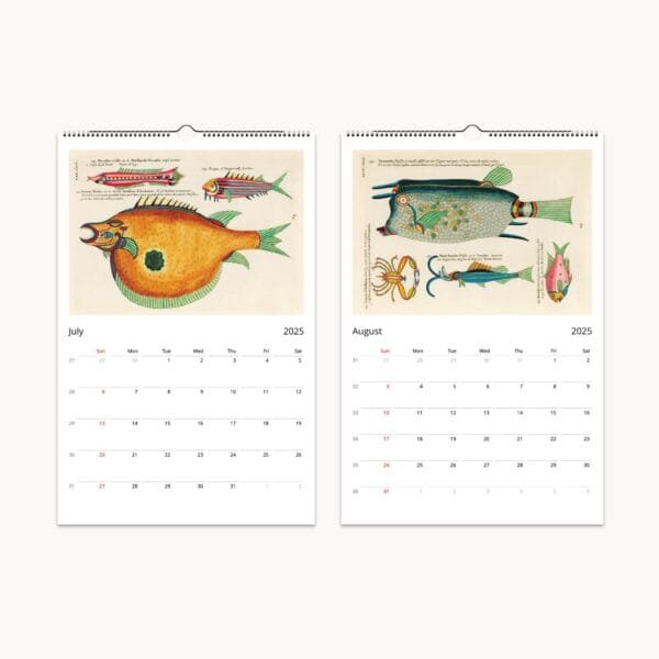 Louis Renard Wall Calendar featuring vintage marine art, historic fish illustrations, and colorful sea life engravings from the 18th century. Includes meticulously restored prints of tropical fish, crustaceans, and ocean creatures, making it a unique calendar and collectible art piece for marine biology enthusiasts and art lovers.