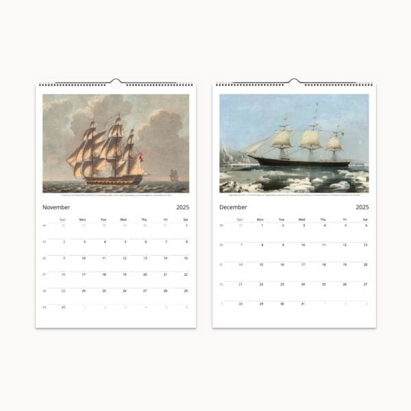 Ships & Seascapes Maritime Art Calendar featuring classic nautical paintings of sailing ships, historical sea voyages, and maritime heritage. Nautical wall calendar with vintage ship illustrations, ocean scenes, and naval artwork. Perfect sailing gift, maritime decor, and history-inspired calendar for collectors and enthusiasts.