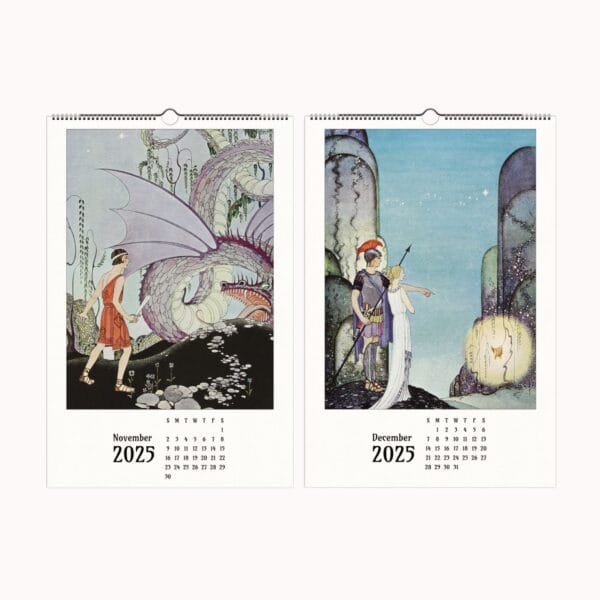 Virginia Frances Sterrett wall calendar featuring 12 whimsical fantasy illustrations with dreamlike pastels, surreal storytelling, and intricate details. Collectible and framable calendar for fantasy art lovers, home decor, and unique gifts. Showcasing ethereal fairytale scenes, magical creatures, and enchanting landscapes in vintage-inspired artwork.