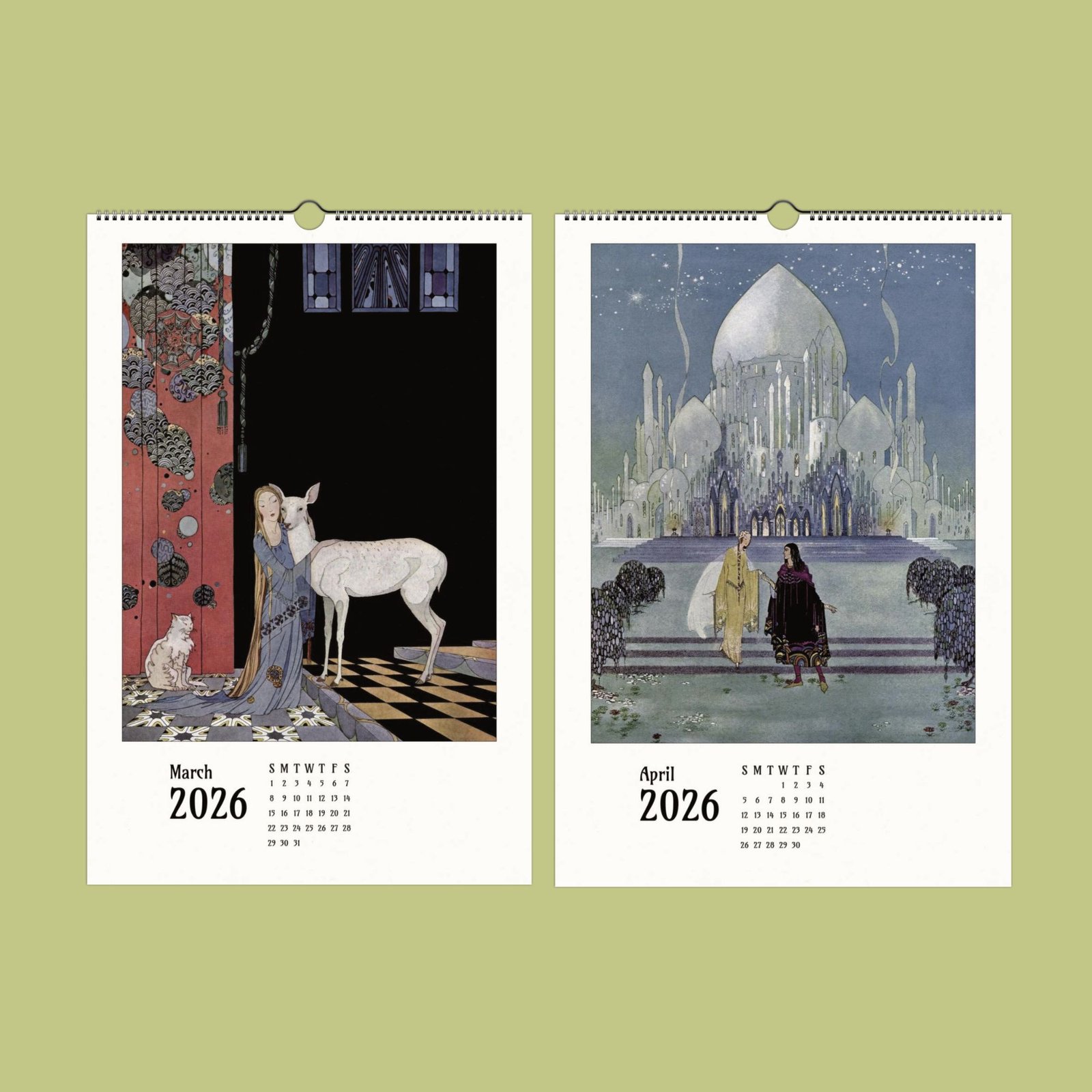 March and April 2026 illustrated calendar pages.