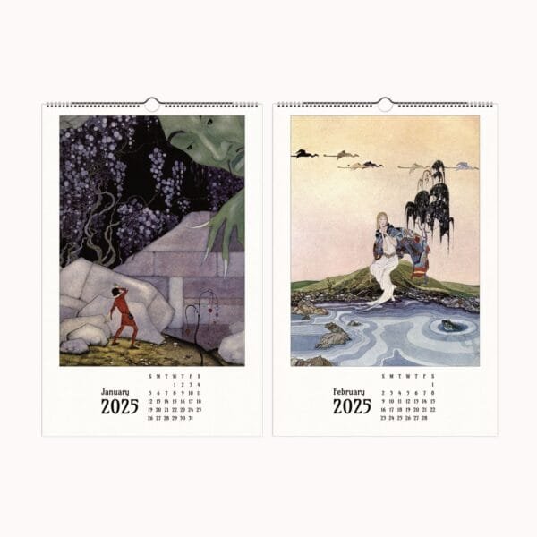 Virginia Frances Sterrett wall calendar featuring 12 whimsical fantasy illustrations with dreamlike pastels, surreal storytelling, and intricate details. Collectible and framable calendar for fantasy art lovers, home decor, and unique gifts. Showcasing ethereal fairytale scenes, magical creatures, and enchanting landscapes in vintage-inspired artwork.