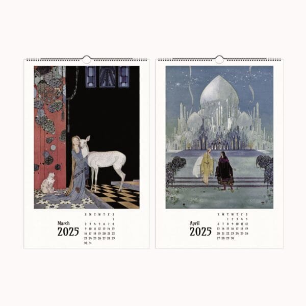 Virginia Frances Sterrett wall calendar featuring 12 whimsical fantasy illustrations with dreamlike pastels, surreal storytelling, and intricate details. Collectible and framable calendar for fantasy art lovers, home decor, and unique gifts. Showcasing ethereal fairytale scenes, magical creatures, and enchanting landscapes in vintage-inspired artwork.