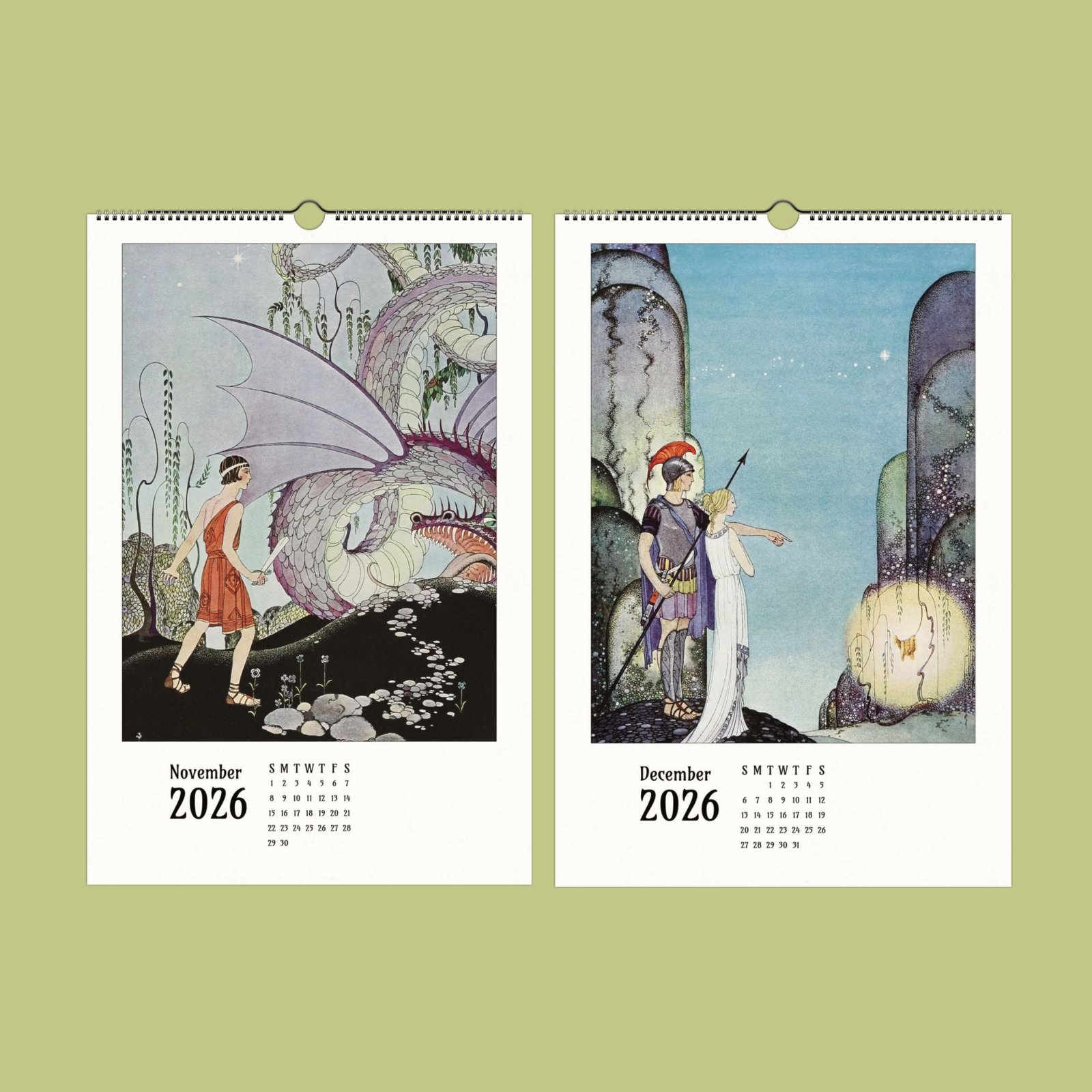 2026 calendar with mythical illustrations for November and December.