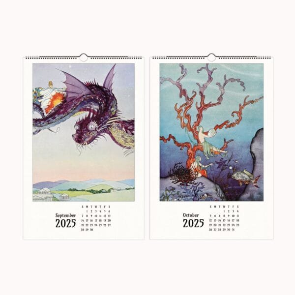 Virginia Frances Sterrett wall calendar featuring 12 whimsical fantasy illustrations with dreamlike pastels, surreal storytelling, and intricate details. Collectible and framable calendar for fantasy art lovers, home decor, and unique gifts. Showcasing ethereal fairytale scenes, magical creatures, and enchanting landscapes in vintage-inspired artwork.