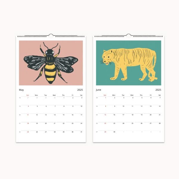 Samuel Jessurun de Mesquita Art Calendar featuring colorized woodcuts and timeless graphic art. This unique wall calendar showcases reimagined prints of the Dutch artist’s iconic works, including animals, nature, and bold line art. A perfect blend of historical artistry and modern aesthetics, ideal for art lovers and collectors.