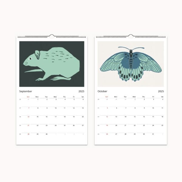 Samuel Jessurun de Mesquita Art Calendar featuring colorized woodcuts and timeless graphic art. This unique wall calendar showcases reimagined prints of the Dutch artist’s iconic works, including animals, nature, and bold line art. A perfect blend of historical artistry and modern aesthetics, ideal for art lovers and collectors.