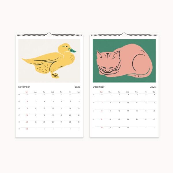 Samuel Jessurun de Mesquita Art Calendar featuring colorized woodcuts and timeless graphic art. This unique wall calendar showcases reimagined prints of the Dutch artist’s iconic works, including animals, nature, and bold line art. A perfect blend of historical artistry and modern aesthetics, ideal for art lovers and collectors.