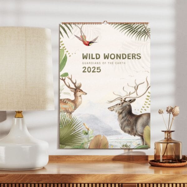 Guardians of the Earth Wildlife Wall Calendar – nature-inspired home decor featuring majestic animal photography, eco-friendly wall art, and wildlife conservation gift. Available in Ledger, A3, Letter, and A4 sizes with premium semi-glossy paper and sturdy wire binding.