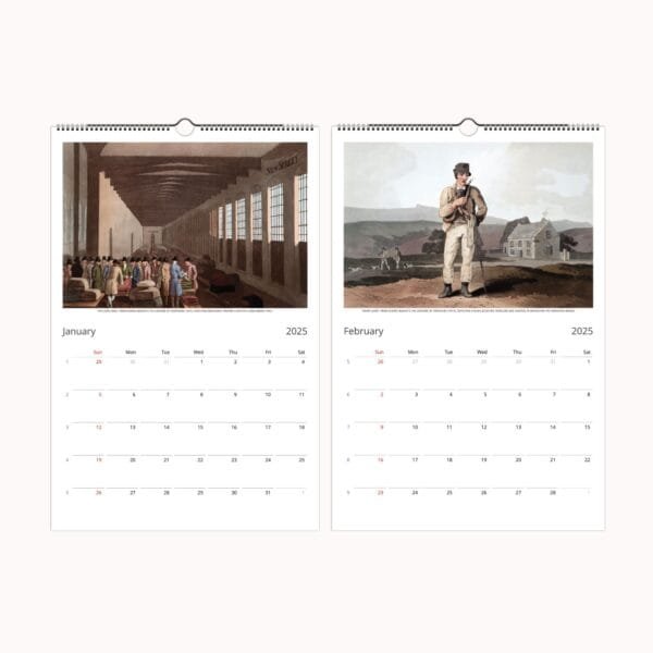 Yorkshire Costume Wall Calendar featuring historical 19th-century engravings by George Walker. Vintage calendar with traditional British attire, professions, and industrial heritage. Premium-quality art prints, perfect for history lovers, Yorkshire gifts, and home decor. Each page can be framed as wall art. Available in multiple sizes: Ledger, A3, Letter, and A4. Ideal for collectors, history buffs, and those who appreciate antique illustrations and Victorian-era fashion.