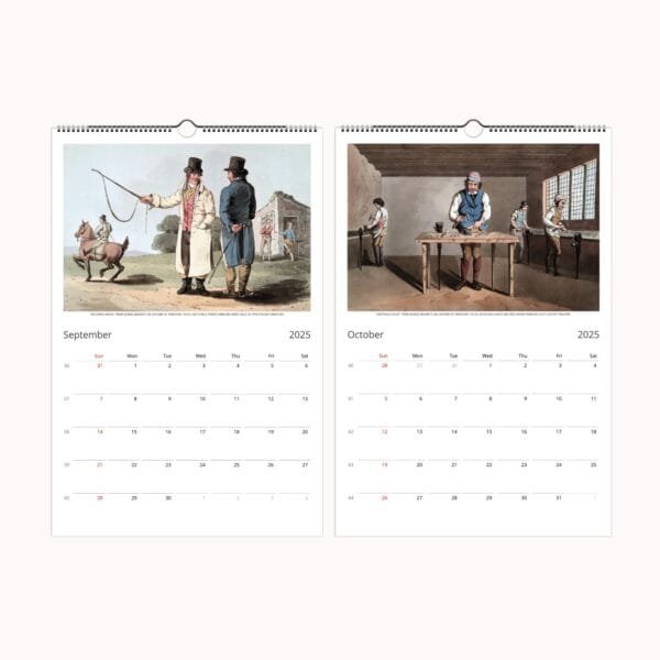 Yorkshire Costume Wall Calendar featuring historical 19th-century engravings by George Walker. Vintage calendar with traditional British attire, professions, and industrial heritage. Premium-quality art prints, perfect for history lovers, Yorkshire gifts, and home decor. Each page can be framed as wall art. Available in multiple sizes: Ledger, A3, Letter, and A4. Ideal for collectors, history buffs, and those who appreciate antique illustrations and Victorian-era fashion.