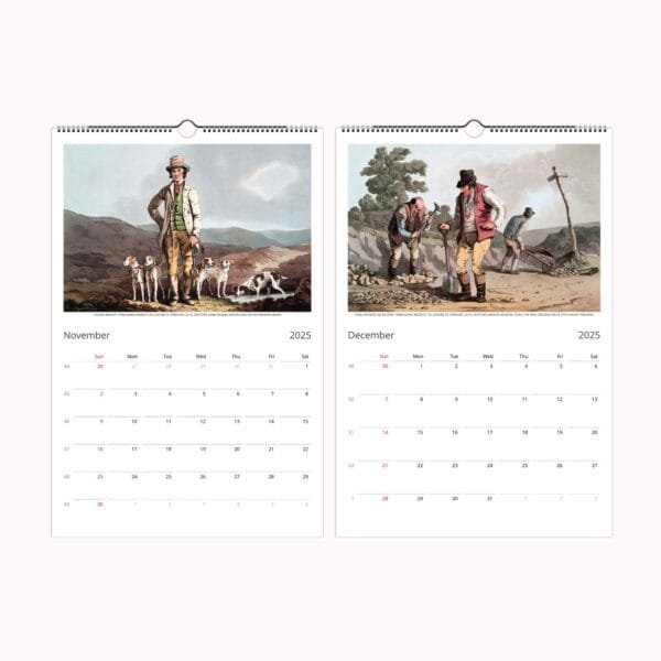 Yorkshire Costume Wall Calendar featuring historical 19th-century engravings by George Walker. Vintage calendar with traditional British attire, professions, and industrial heritage. Premium-quality art prints, perfect for history lovers, Yorkshire gifts, and home decor. Each page can be framed as wall art. Available in multiple sizes: Ledger, A3, Letter, and A4. Ideal for collectors, history buffs, and those who appreciate antique illustrations and Victorian-era fashion.