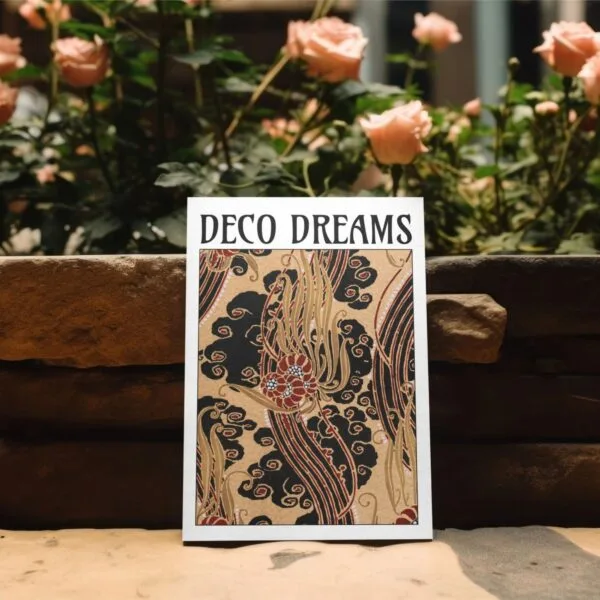 Emile-Allain Séguy Greeting Card – Gilded Swirls, featuring golden swirling motifs on a black and beige background. Displayed in holiday settings, floral arrangements, and elegant writing scenes. A vintage Art Nouveau-inspired design perfect for decor and gifting.