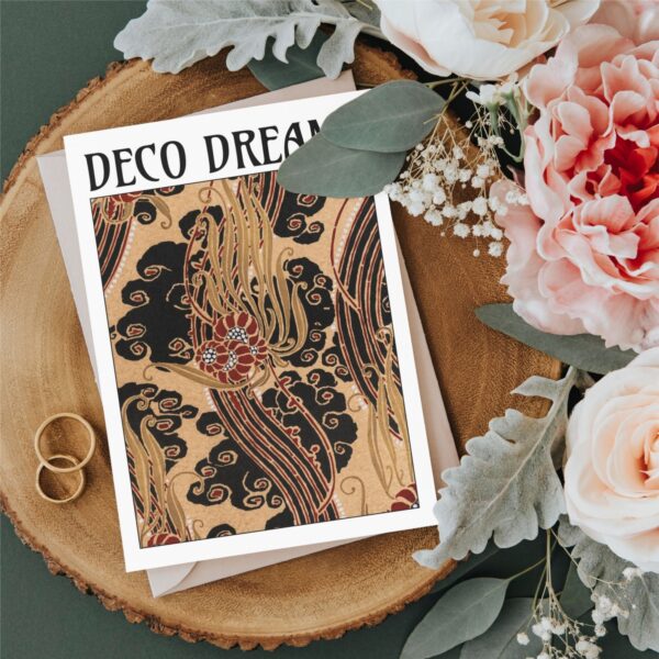 Emile-Allain Séguy Greeting Card – Gilded Swirls, featuring golden swirling motifs on a black and beige background. Displayed in holiday settings, floral arrangements, and elegant writing scenes. A vintage Art Nouveau-inspired design perfect for decor and gifting.