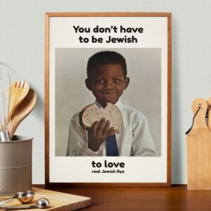 Child holding rye bread poster on wall.