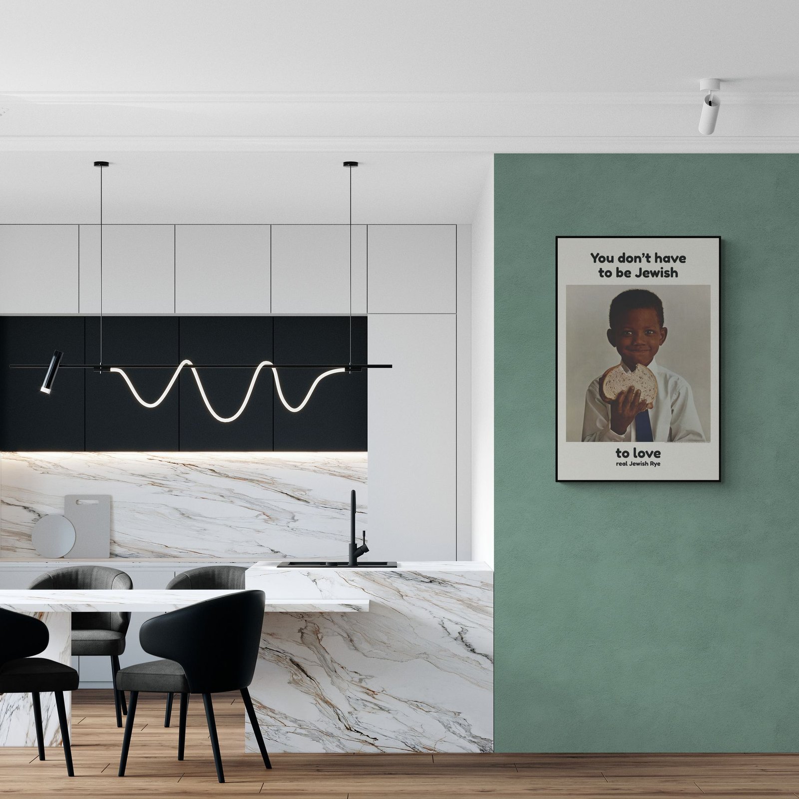 Modern kitchen with poster on green wall