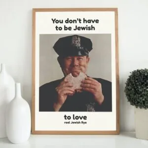 "You Don’t Have to Be Jewish" vintage poster featuring a smiling police officer enjoying rye bread. Iconic 1960s Levy’s Jewish Rye ad campaign with inclusive messaging. Retro typography, cultural impact, and mid-century advertising design.