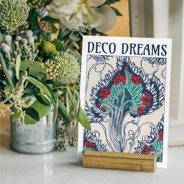 Art Nouveau greeting card featuring Emile-Allain Séguy’s ‘Verdant Bloom’ design. Lush botanical illustration with swirling navy vines, green leaves, and red floral accents. Elegant floral stationery, perfect for art lovers, vintage decor, and unique gifts.