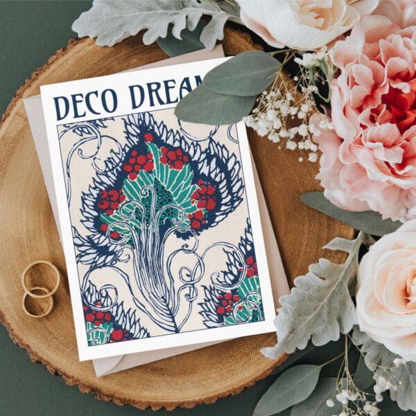 Art Nouveau greeting card featuring Emile-Allain Séguy’s ‘Verdant Bloom’ design. Lush botanical illustration with swirling navy vines, green leaves, and red floral accents. Elegant floral stationery, perfect for art lovers, vintage decor, and unique gifts.