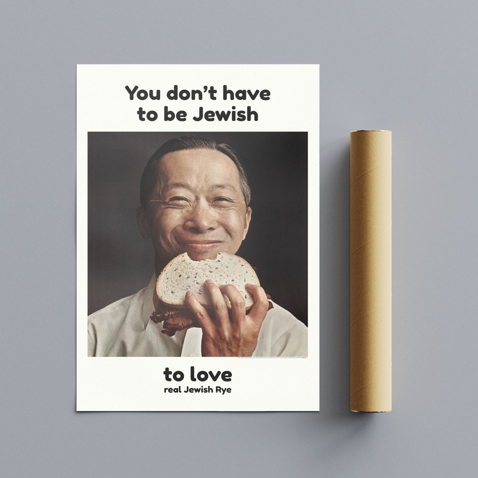 Smiling man enjoying sandwich ad poster.