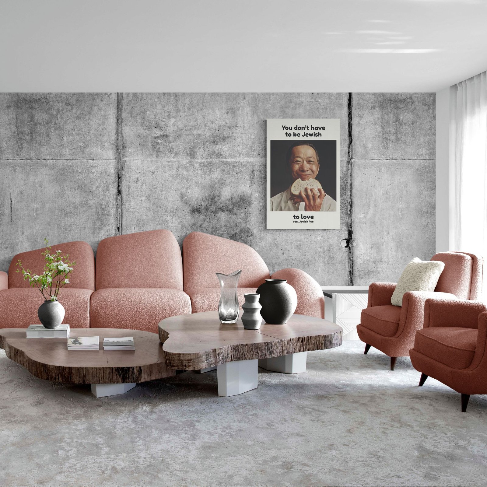 Modern living room with pink furniture and wall art.