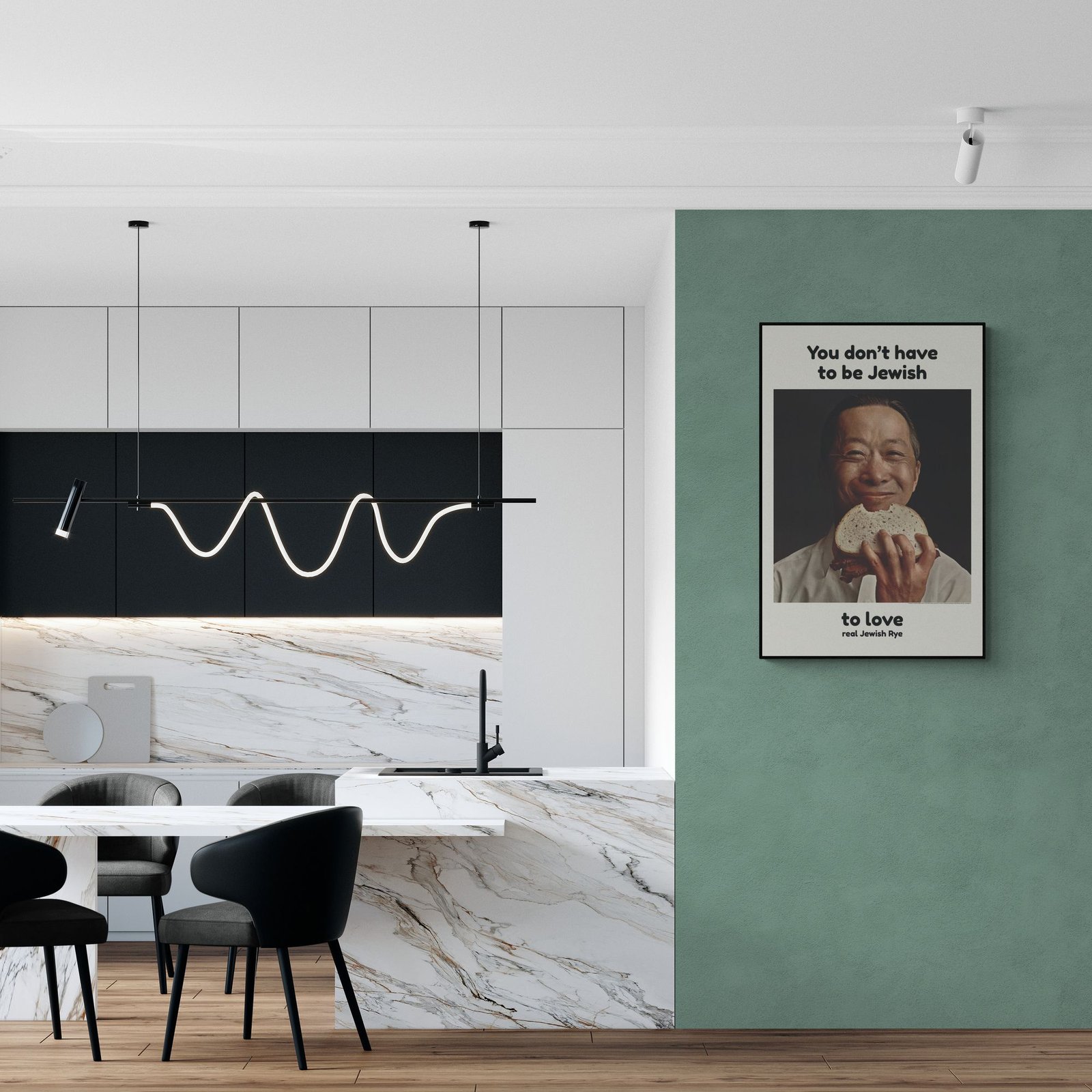 Modern kitchen with marble countertop and poster art.