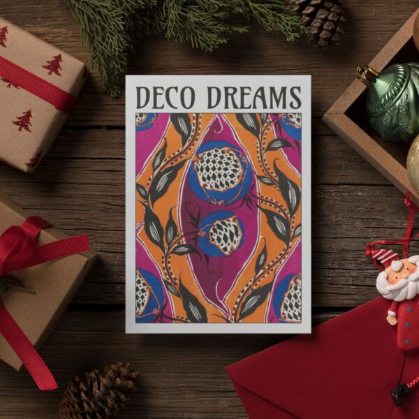 Art Deco greeting card featuring Emile-Allain Séguy’s Pomegranate Whimsy design. Vibrant purple, orange, and blue hues with bold botanical patterns. Stylish stationery for art lovers, vintage-inspired gift, luxury greeting card, elegant floral print, unique design.