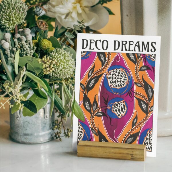 Art Deco greeting card featuring Emile-Allain Séguy’s Pomegranate Whimsy design. Vibrant purple, orange, and blue hues with bold botanical patterns. Stylish stationery for art lovers, vintage-inspired gift, luxury greeting card, elegant floral print, unique design.