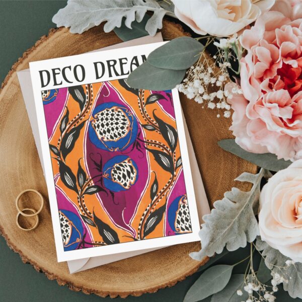 Art Deco greeting card featuring Emile-Allain Séguy’s Pomegranate Whimsy design. Vibrant purple, orange, and blue hues with bold botanical patterns. Stylish stationery for art lovers, vintage-inspired gift, luxury greeting card, elegant floral print, unique design.