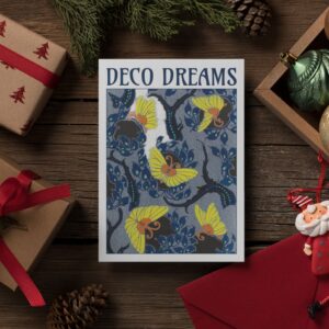 Art Nouveau greeting card featuring Emile-Allain Séguy's 'Twilight Wings' design. A rich blue background with intricate dark branches, golden-yellow butterflies, and floral accents. Elegant stationery gift for vintage art lovers. Part of the Deco Dreams collection.