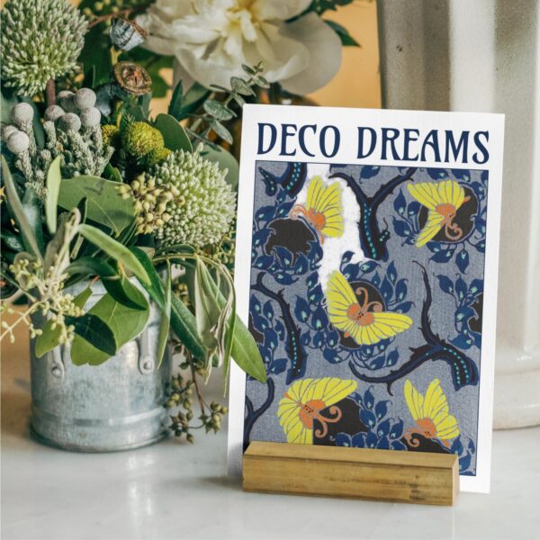 Art Nouveau greeting card featuring Emile-Allain Séguy's 'Twilight Wings' design. A rich blue background with intricate dark branches, golden-yellow butterflies, and floral accents. Elegant stationery gift for vintage art lovers. Part of the Deco Dreams collection.