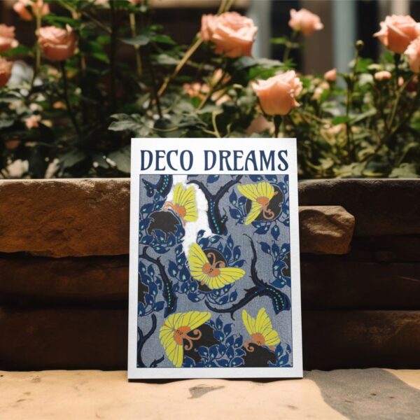 Art Nouveau greeting card featuring Emile-Allain Séguy's 'Twilight Wings' design. A rich blue background with intricate dark branches, golden-yellow butterflies, and floral accents. Elegant stationery gift for vintage art lovers. Part of the Deco Dreams collection.