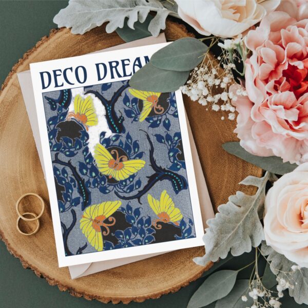 Art Nouveau greeting card featuring Emile-Allain Séguy's 'Twilight Wings' design. A rich blue background with intricate dark branches, golden-yellow butterflies, and floral accents. Elegant stationery gift for vintage art lovers. Part of the Deco Dreams collection.