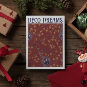 Set of 'Deco Dreams' greeting cards featuring Art Deco-inspired designs by Emile-Allain Séguy. Each card showcases intricate botanical or insect motifs in bold colors, displayed in various settings highlighting their premium quality, texture, and FSC/PEFC certification.