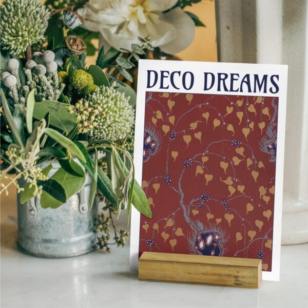 Set of 'Deco Dreams' greeting cards featuring Art Deco-inspired designs by Emile-Allain Séguy. Each card showcases intricate botanical or insect motifs in bold colors, displayed in various settings highlighting their premium quality, texture, and FSC/PEFC certification.