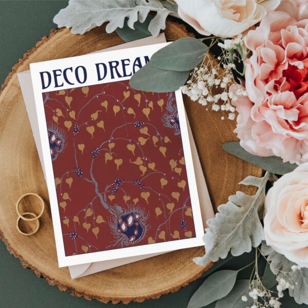 Deco Dream card on wood with flowers and rings