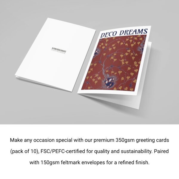 Set of 'Deco Dreams' greeting cards featuring Art Deco-inspired designs by Emile-Allain Séguy. Each card showcases intricate botanical or insect motifs in bold colors, displayed in various settings highlighting their premium quality, texture, and FSC/PEFC certification.