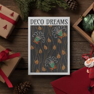 Deco Dreams holiday card with gifts and ornaments.