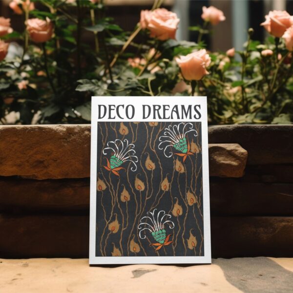 Art Deco design poster with floral background.