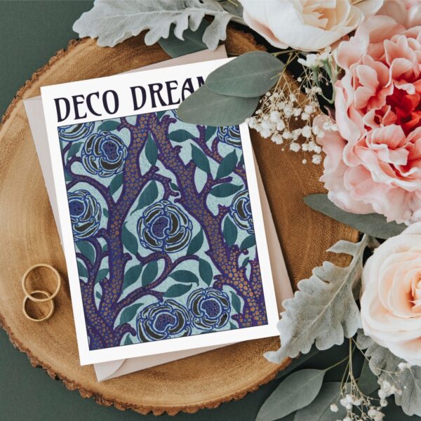 Elegant Indigo Canopy greeting card by Emile-Allain Séguy. Features intricate Art Deco floral patterns in deep blue and green tones. Premium 350gsm FSC-certified cardstock, paired with 150gsm feltmark envelopes. Perfect for art lovers, gifting, and décor.